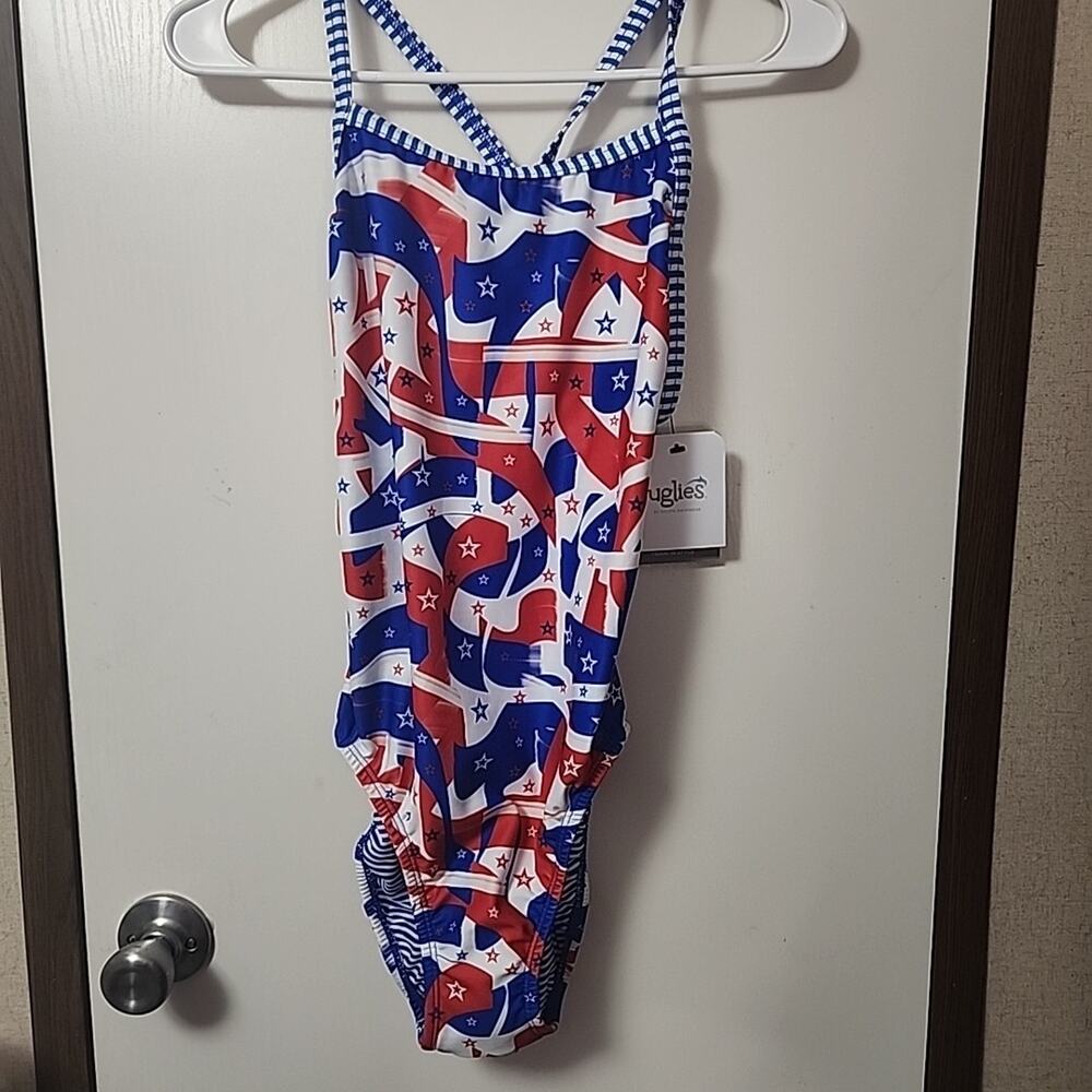 Dolfin Uglies Salute Swimsuit Training Suit Womens Size 38 Red White Blue